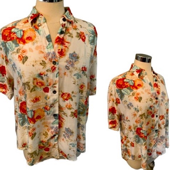 Vintage 90s Y2K Floral Button up Blouse M oversized lightweight coastal cowgirl - Picture 5 of 14